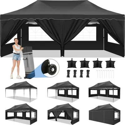 Image de Pavillon, pavillon pliant 3 x 6 m, imperméable, protection UV 50+, avec bordure en dentelle, 4 parois latérales et 2 portes à fermeture éclair, sac et sac de sable inclus, noir