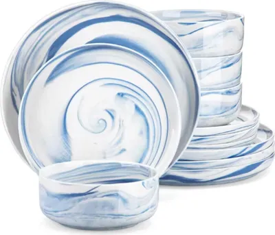 Immagine prodotto di Set di piatti Noble - 4 persone - 12 pezzi - Vetroceramica blu - Piatti per la cena - Piatti per la colazione