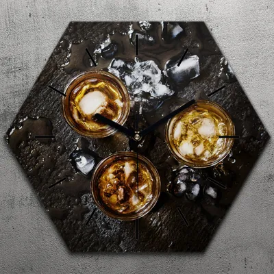 Produktbild von Uhr hexagonal 40 cm Glas Geräuschlos schwarze Zeiger - Whisky Glas