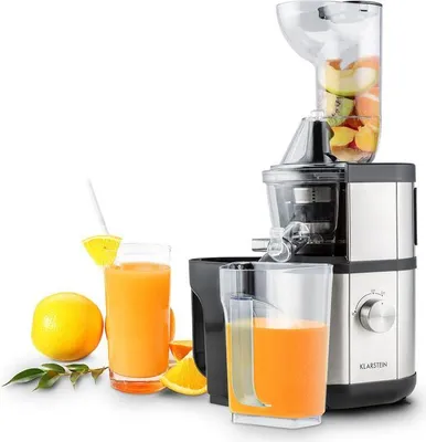 Produktbild von Klarstein Fruitberry, Entsafter, vertikale Saftpresse, extrem feine Edelstahl-Mikrosieb, Slow Juicer, 400 W, Umdrehungszahl 60 Um/Min, BPA-frei, inkl. zwei Behälter, 8,5cm Einfüllrohr, leise, silber