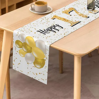 Tischläufer Happy 17. Geburtstag, Weiß-Gold, 183x33 cm