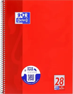 Productafbeelding van Oxford 100050361 collegeblok, Optik papier, 90 g/m², A4+, geruit, 80 vel. Perforatie links en rechts, 4-ringsbinding, rode kleur