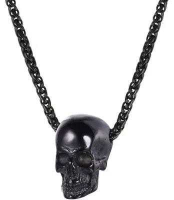Produktbild von Herren Halskette Totenkopf Anhänger Edelstahl Weizenkette Schwarz 50cm