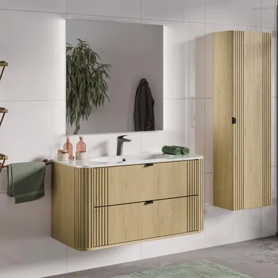 Produktbild von Badmöbel-Set 3-teilig Waschtisch 100 cm, LED Spiegel & Hochschrank in Eiche, gerillt, mit Keramik Waschbecken - OLIVA-56