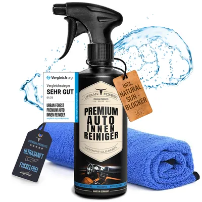 Produktbild von Premium Auto Innenraum & Cockpit Reiniger Set 500ml + Hochwertiges Mikrofasertuch für Innenraumpflege für Kunststoff, Polster, Leder von URBAN Forest