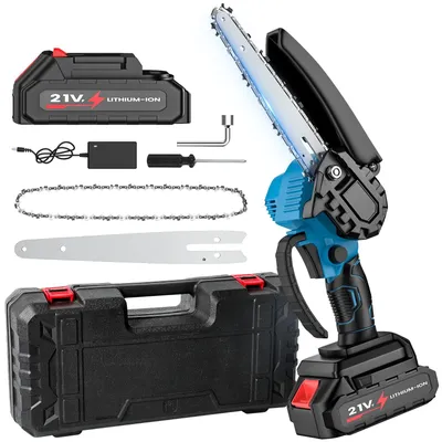 Obrázok produktu pre Mini akumulátorová reťazová píla - 21V, bezdrôtová - dĺžka reťaze 15 cm - rýchlosť reťaze 8 m/s - 1 batéria
