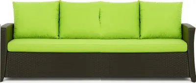 A front view of a sofa with green cushions against a white background.