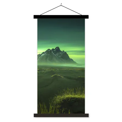 Produktbild von MuchoWow® Textilposter Nordlichter - Berg - Grün - Island 60x120 cm mit schwarzem Rahmen - Magnete