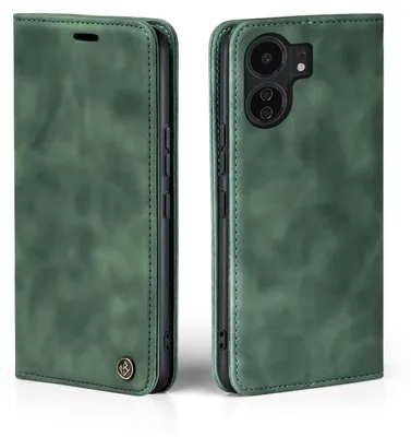 A green flip case for a smartphone, shown from the front and back.