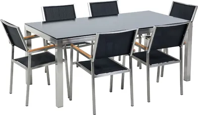 Produktbild von BELIANI Gartenmöbel Set Schwarz Sicherheitsglas Edelstahl Tisch 180 cm 6 Stühle Terrasse Outdoor Modern
