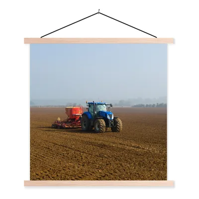 Produktbild von MuchoWow® Textilposter Traktor - Blau - Nebel 60x60 cm mit holzfarbenen Rahmen - Wanddekoration