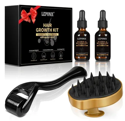 Immagine prodotto di Kit per la crescita dei capelli con olio di rosmarino, dermaroller e spazzola massaggiante per il cuoio capelluto. Set regalo