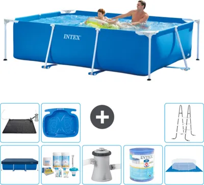 Produktbild von Intex-Schwimmbecken mit rechteckigem Rahmen – 260 x 160 x 65 cm – Blau – im Lieferumfang enthalten Abdeckung - Wartungspaket - Filterpumpe für Schwimmbad - Filter - Bodenplane - Solarmatte