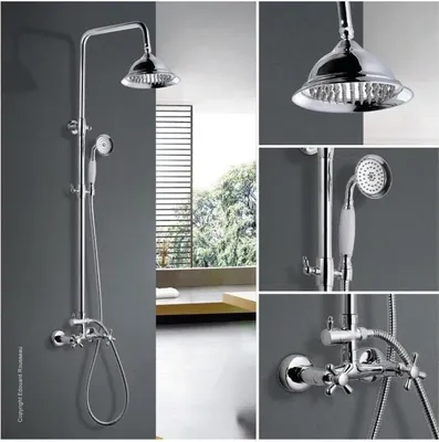 Produktbild von Duschsäule ROUSSEAU Retro Chrom, Kopf Ø 205 mm, Brauseschlauch 1,50 m, Armatur 150 mm Achsabstand, Antikalk-Düsen