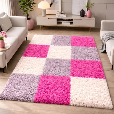 Produktbild von Shaggy Teppich Mehrfarbig Rosa Grau Creme für Wohnzimmer und Schlafzimmer – moderner Hochflor Teppich weich und stilvoll Größe - 160 x 230 cm