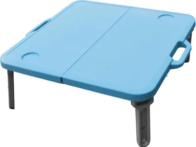 A light blue foldable table with gray legs is shown against a white background.