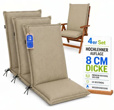 Produktbild von Pillows24 - 4x Hochlehner Auflagen 120x50x8 cm | Bequeme & Wetterfeste Gartenstuhlauflagen | Sitzkissen für Gartenmöbel | EU | Cappuccino