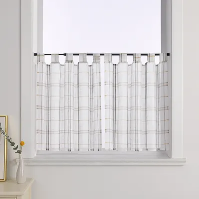 Produktbild von Joyswahl 2er Scheibengardinen mit Schlaufen Leinen Küche Gardinen Gitter-Kurzstores Bistrogardine landhausstil Transparent BxH 120x45 cm Grau 2 Stück