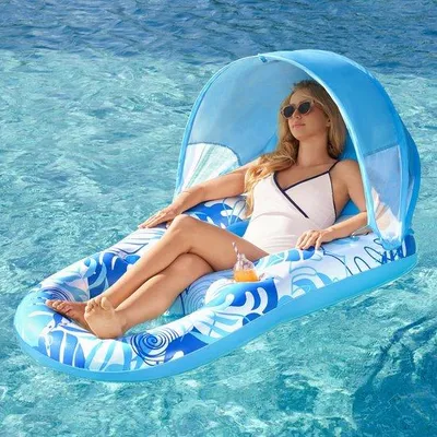 Produktbild von Unyqoos® Aufblasbarer Pool-Loungesessel mit abnehmbarem Sonnendach, Mesh-Sitz, verstellbarer Rücken- & Fußstütze, 152,4×91,4×76,2 cm, blaues Tropenblatt-Design, 2 Getränkehalter