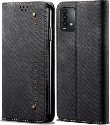 A black flip-style phone case for a Redmi 9 Power/Redmi 9T is shown from the front and back.