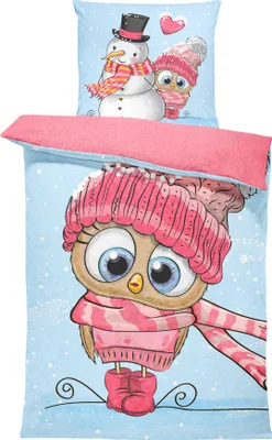 A bedding set featuring cartoon characters of a snowman and an owl in winter attire.