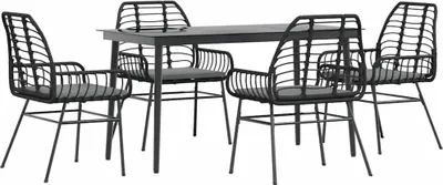 Produktbild von 5-tlg. Garten-Essgruppe mit Kissen Schwarz Poly Rattan Glas
