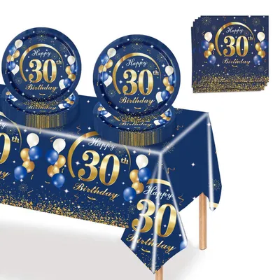 Produktbild von 30. Geburtstagsdeko Partygeschirr Set Blau Gold 37 Teile für 16 Gäste