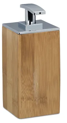 Image de Distributeur de savon en bambou, rechargeable, carré, H x L x P : 17 x 7 x 7 cm, distributeur de lotion, 225 ml, bois, naturel