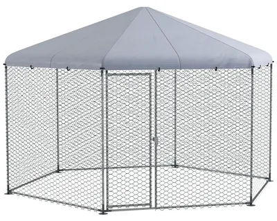 Produktbild von Hühnergehege Außengehege - Großer Hühnerstall Voliere - 400x346x263 cm - Edelstahl - Mit Dachabdeckung - Silber