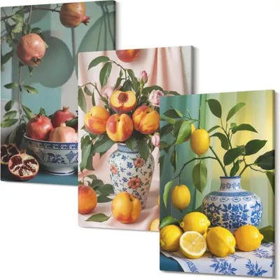 Produktbild von Leinwandbilder – Wandbilder – Leinwandbild – Canvas Bild – Polycanvas – Kunstdruck –  – Modern – Aufhängefertig – Mehrteilig – 3-Teilig – 40x60 Cm Pro Bild - Granatäpfel, Pfirsiche und Zitronen in Vasen