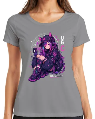 Zdjęcie produktu dla Koszulka damska z motywem cyberpunkowym, anime, gry, stylu kawaii, technologii, Japonii, estetyki Y2K i mangi, dla fanów anime (otaku), kolor: szary, rozmiar: XL
