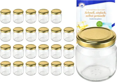 Zdjęcie produktu dla zestaw 24 okrągłych słoików o pojemności 212 ml ze złotą pokrywką, w tym książeczka z przepisami