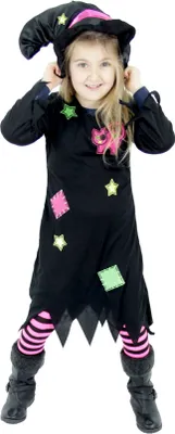 Produktbild von Süßes Hexenkostüm für Mädchen Kinder Hexenhut Hexen Halloween Kostüm Gr. 86-128, Größe:110/116