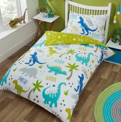 Produktbild von Unyqoos® Dino Roarsome Kinder-Bettbezug – Wendbare Kleinkind-Bettwäsche 120×150 cm, 50% Baumwolle/50% Polyester, inkl. Kissenbezug 40×60 cm, Knopfverschluss