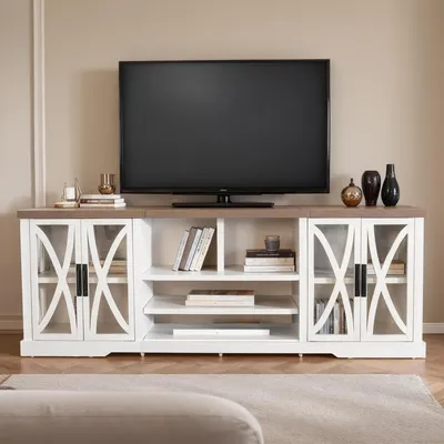 Produktbild von Parrot Uncle 237 cm breiter TV-Ständer mit Stauraumschränken im Scheunentür-Design und Türen aus gehärtetem Glas