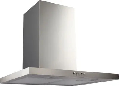 A stainless steel chimney range hood against a white background.