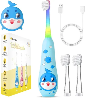 Produktbild von Elektrische Kinderzahnbürste ab 1-6 Jahre mit LED Licht, 2 Bürstenköpfen, 24000 Vibrationen, USB Ladung, IPX7 wasserdicht, Timer