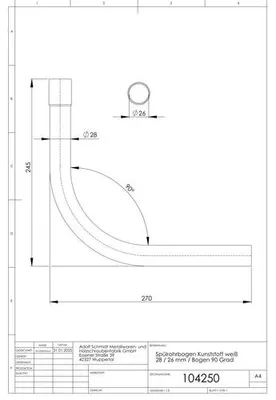 Produktbild von Spülrohrbogen 28/26 mm Bogen 90 Grad für Druckspüler 3/4", ASW Nr. 104250 weiß