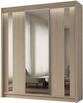 Produktbild von AGMAT Schwebetürenschrank Anzio, Kleiderschrank mit 3 Türen und 2 Schubladen, Moderne Garderobe in Farbe: Sonoma, Schrank in Größe: 180 x 216 x 61 cm