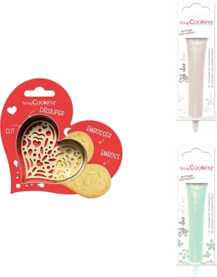 Produktbild von Herz Relief Kekspackung + 2 Stifte mit weißer und grüner Schokolade