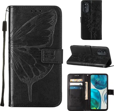 Produktbild von Moto G52 Hülle, Schmetterling Prägung Flip Leder Kartenfächer Schutzhülle Ledertasche mit Ständer für Motorola Moto G52 Schwarz