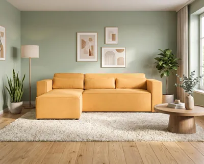 Produktbild von Ecksofa CASTEL L-Form Wohnzimmer Sofa mit Schlaffunktion Bettkasten Kord Lino Gelb Links, KI-generiertes Bild