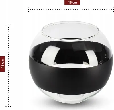 A clear product shot of a glass vase with a black band around it, with dimensions indicated.