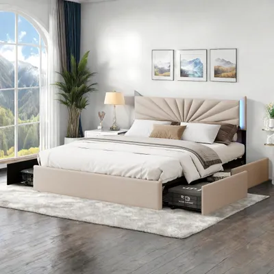 Immagine prodotto di Letto matrimoniale in lino 160x200 cm con LED, robusta rete a doghe, 4 cassetti integrati, design moderno e pratico per 2 persone (senza materasso)