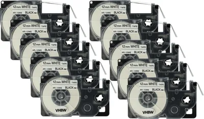 Produktbild von vhbw 10x Schriftband-Kassette kompatibel mit Casio KL-2000, KL-300, KL-70E, KL-200E, KL-60, KL-7000 Etiketten-Drucker 8m x 12mm Schwarz auf Weiß