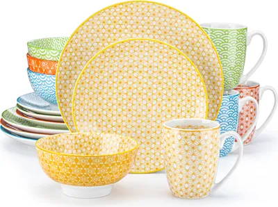 Produktbild von Vancasso Natsuki 16-teilig Porzellan Kombiservice, mit je 4 Speiseteller, Dessertteller, Müslischalen und Kaffeebecher