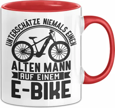Produktbild von E-Bike Tasse Geschenk Spruch Elektrofahrrad Mann Fahrrad Unterschätze niemals einen alten mann auf einem e bike (Rot)