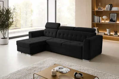 Produktbild von Ecksofa ZARA (265 x 175 cm) – LINKE SIETE, verstellbare Kopfstützen, ausziehbar, elegante Rückenlehne, funktionaler Bettkasten, KRONOS 07 – Schwarz