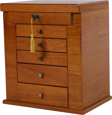 Produktbild von Holz Schmuckkasten mit 5 Schubladen Spiegel Schloss Schmuckschatulle Schmuckvitrine (braun) für Ringe Ohrringe Armbänder Halsketten