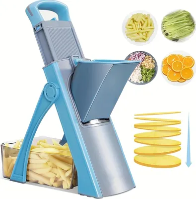 Produktbild von Gemüsehobel Mandoline - Verstellbar CC-01 - 4 Modi: Scheiben, Würfeln, Julienne, Streifen - Klingen aus Edelstahl - Sichere Bedienung - Blau